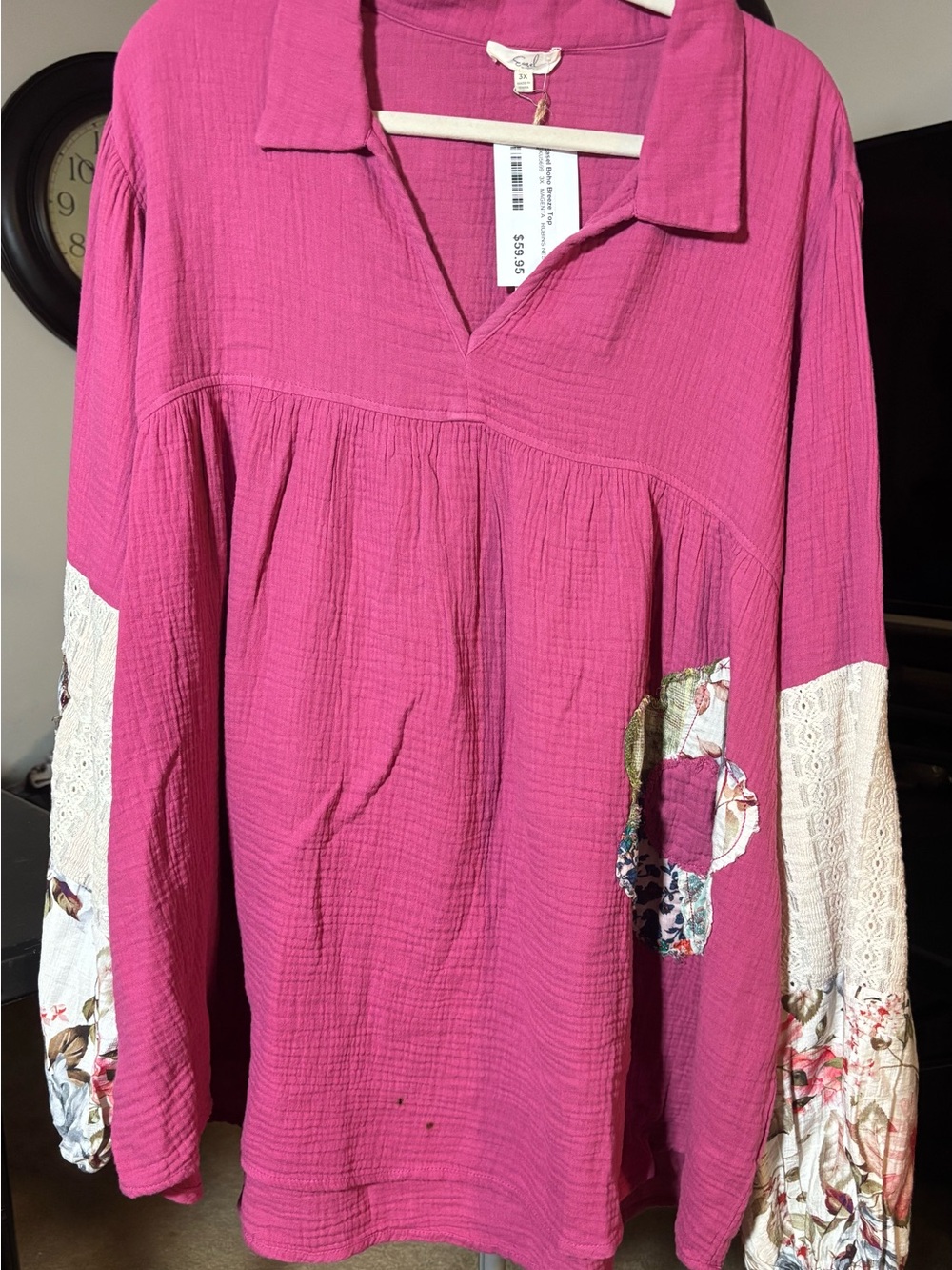 easel Hot Pink Gauze Pullover Tunic with Floral & Lace Sleeves